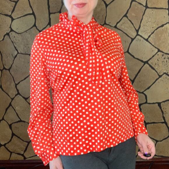 Vintage 70s Red Polka Dot Blouse with Bow Neck – Stoner Square, Size 16 M/L - Picture 13 of 16